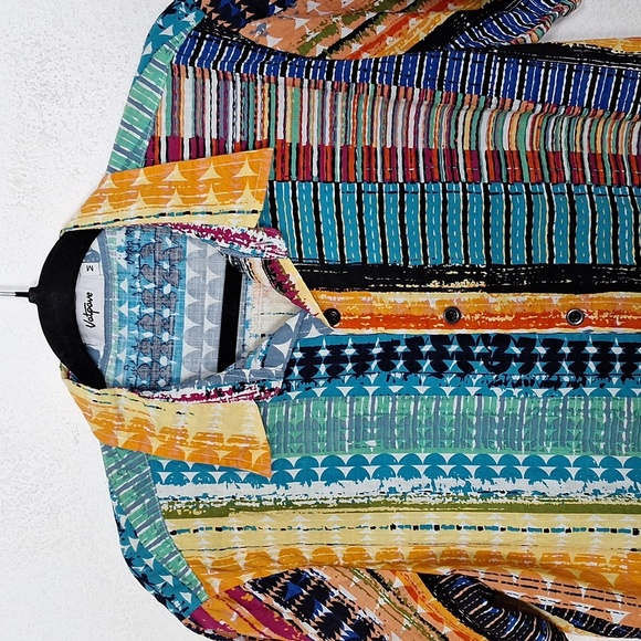 Vatpave Multicolor Striped Short Sleeve Retro Boho Button Down Shirt Size M - Picture 2 of 10